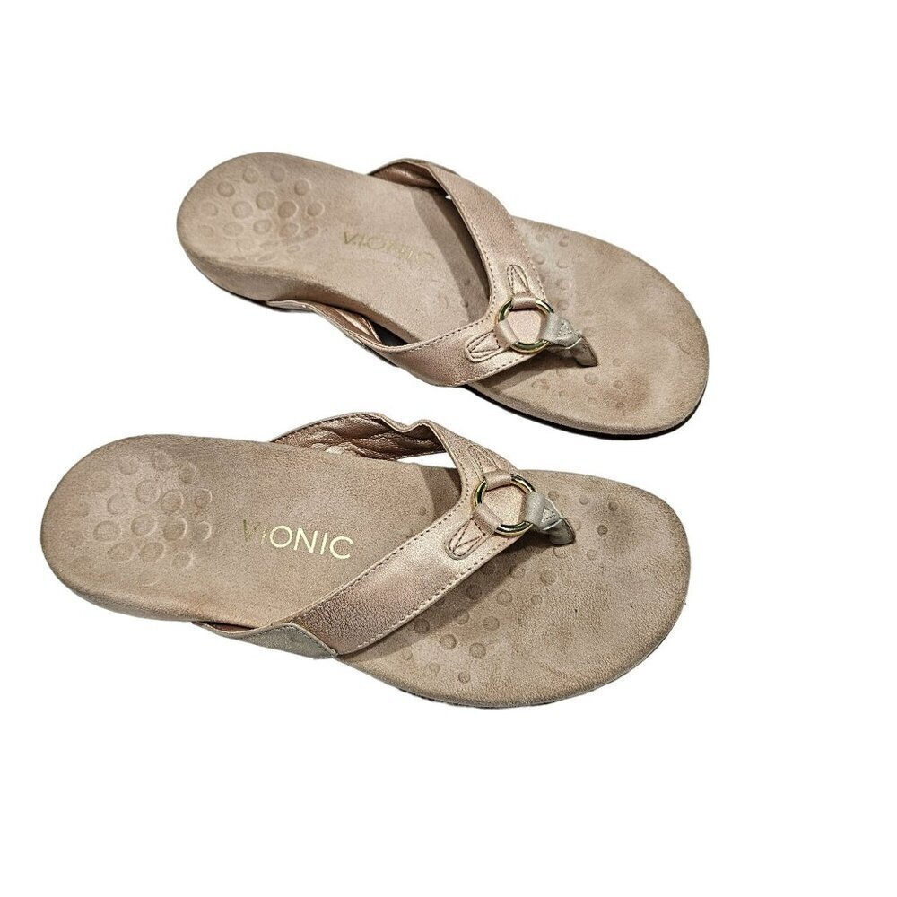Vionic Women's Elena Sandals Size 8 Beige Leather & Rubber Comfortable Arch Supp